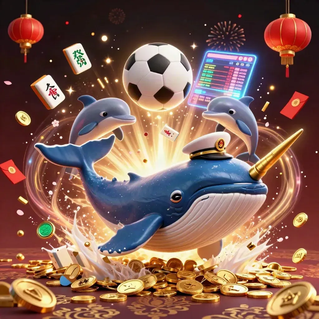 Whale captain, narwhal, and dolphins burst through coins with casino props and glowing lights.