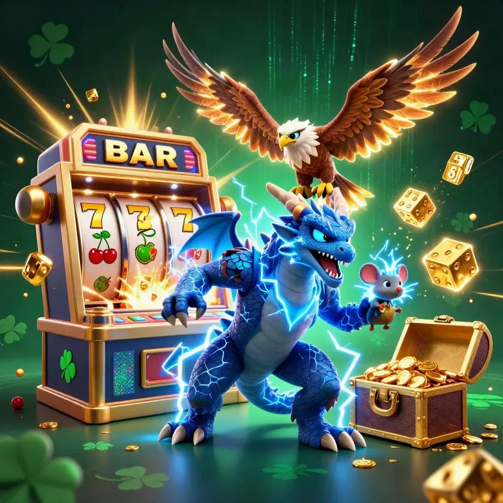 Thunder dragon, wind hawk, and static mouse burst from a jackpot slot machine amid gold and emerald energy.