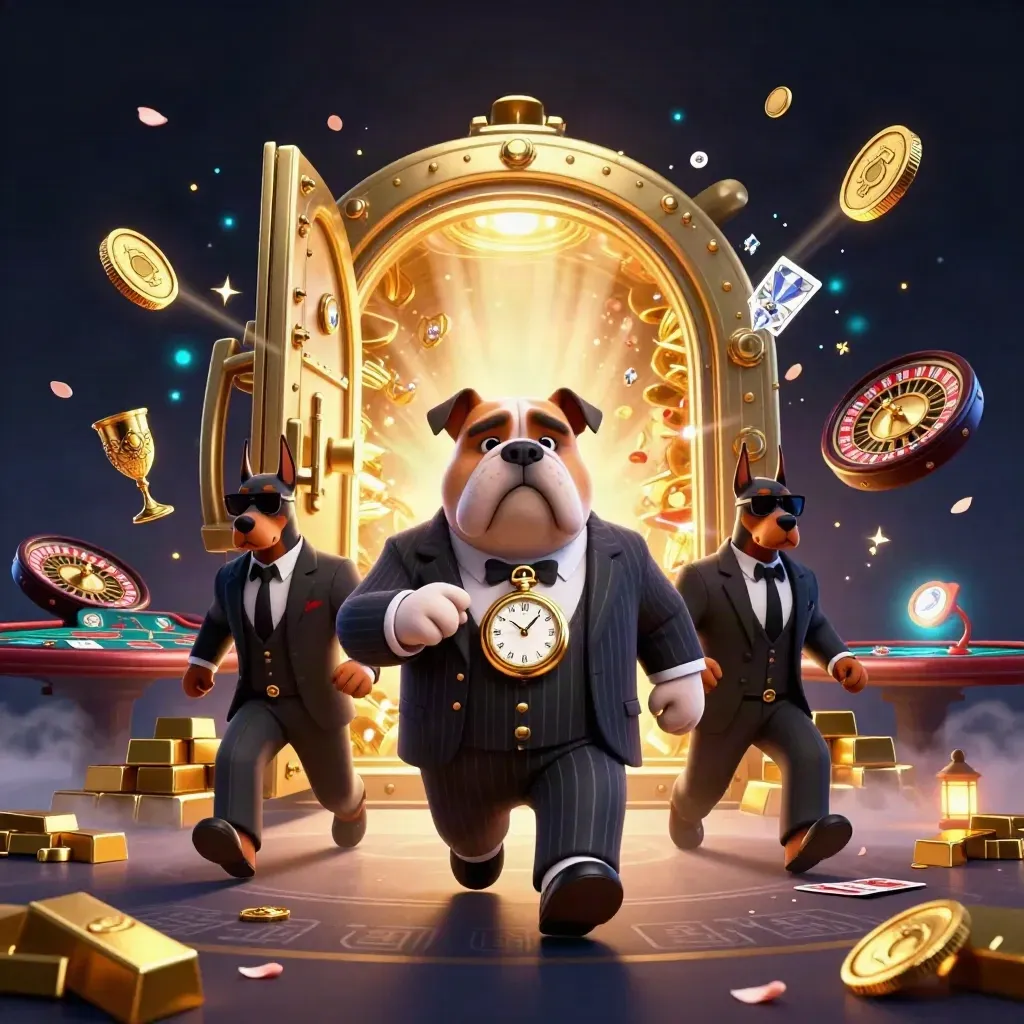 Bulldog boss and Doberman guards burst from a gold vault amid coins, gems, and casino lights.