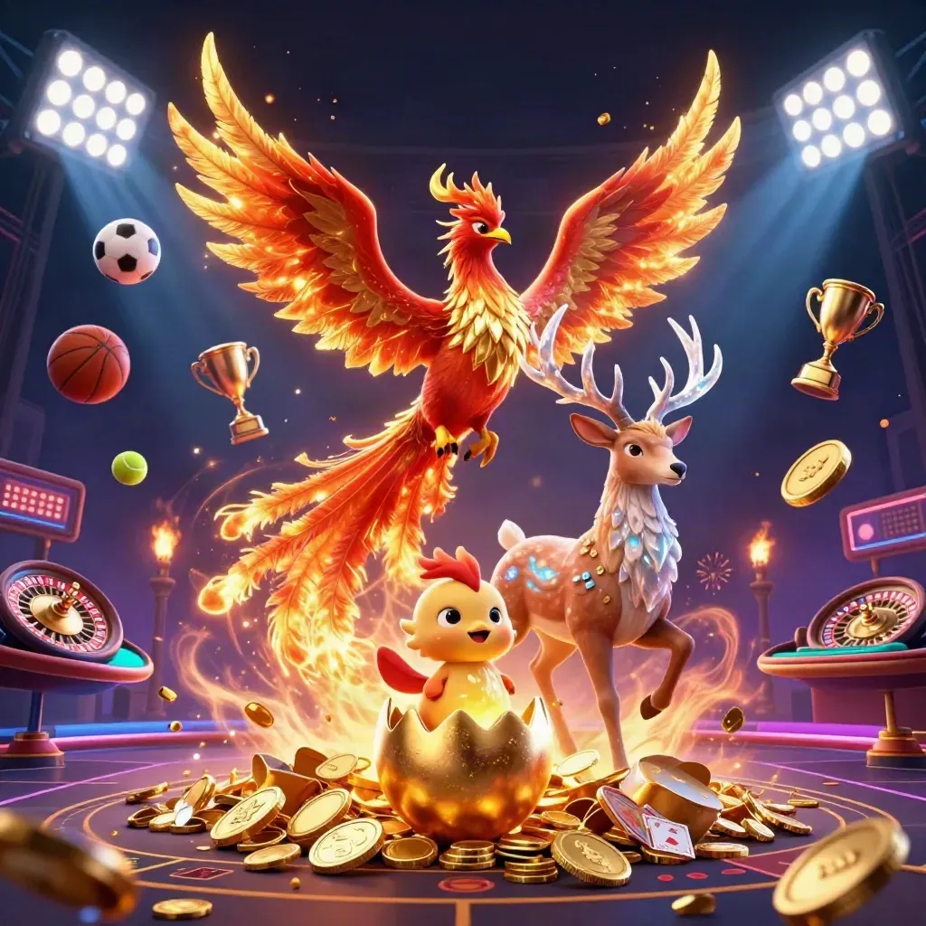 Phoenixes and a stag erupt from a vault with coins, sports balls, and casino lights