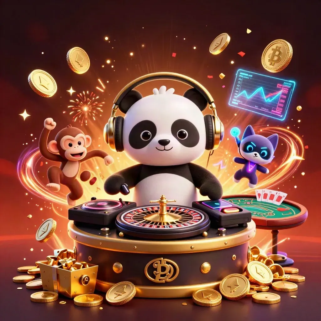 DJ panda, monkey, and glow-stick kitten amid casino treasure, coins, fireworks, and neon effects.