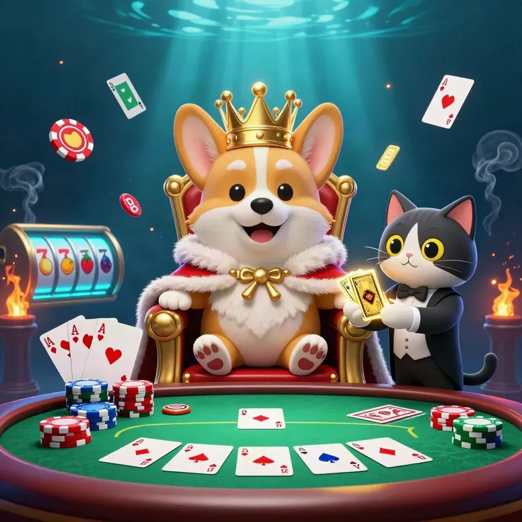 Royal corgi king and cat butler on chip throne amid cards, reels, chips, and underwater casino glow