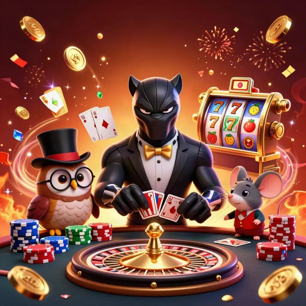 Black panther, owl and mouse amid casino chips, coins, roulette wheel and glowing embers.